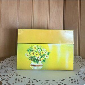 Vintage Yellow Metal Recipe Box Daisy Floral Design Storage Tin Kitchen Decor